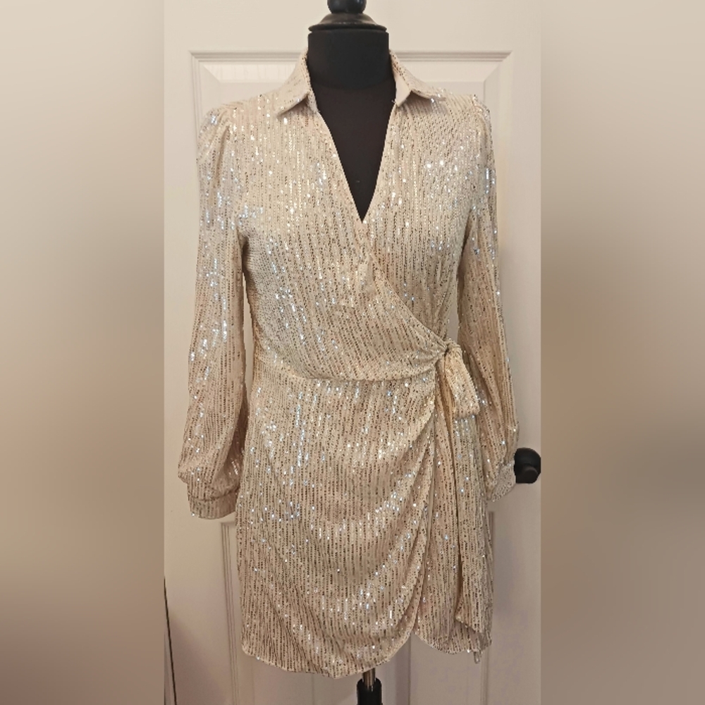 Double Crazy Sequin Wrap Dress - Cream